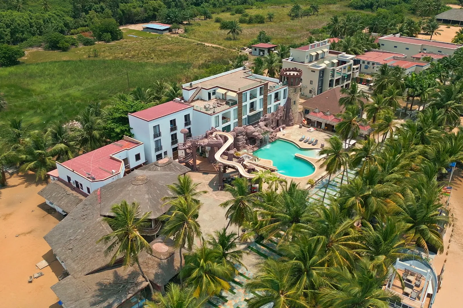 Treasure Island Ada, its pool and the beach from above